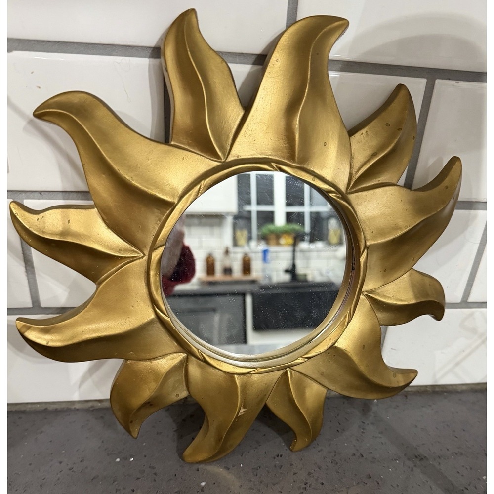 Vtg Celestial Sunburst Sun Accent Wall Mirror Gold Tone 11"